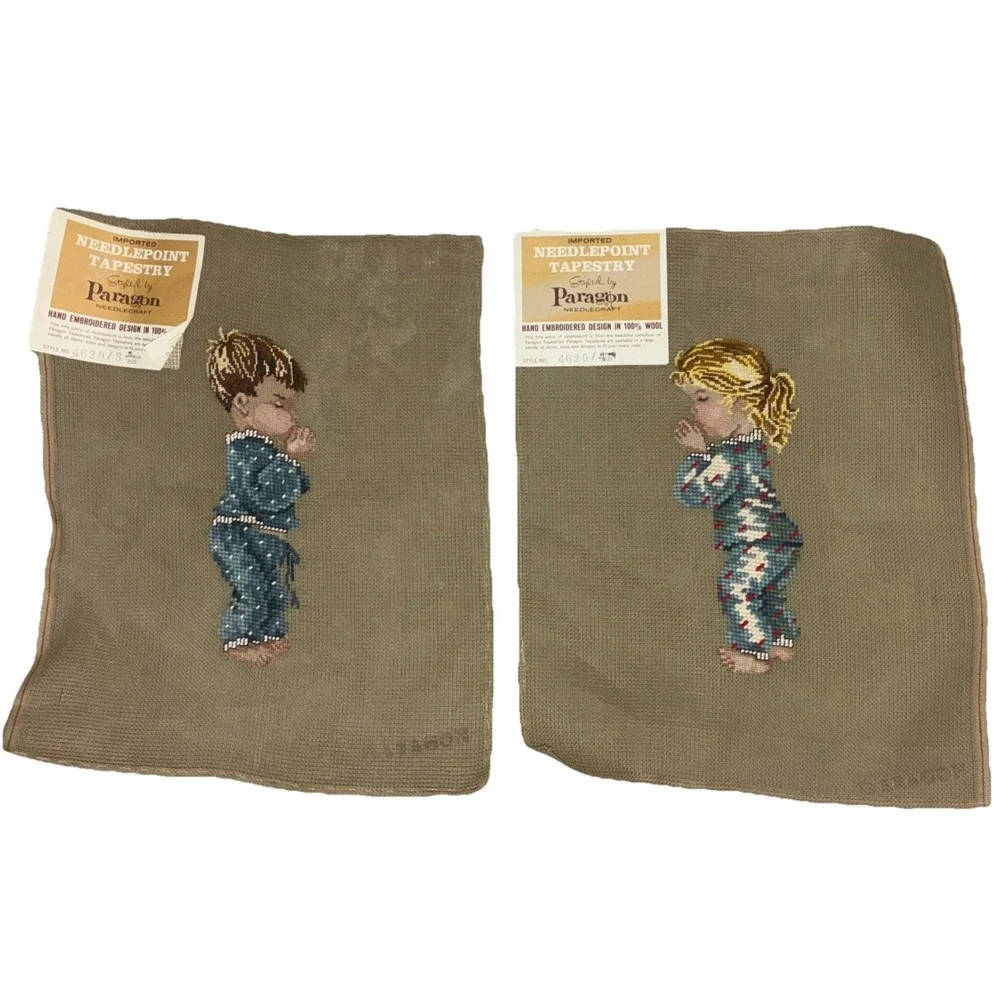 Paragon Needlepoint Tapestry Preworked Praying Boy Girl Bedtime Prayer Vtg NEW